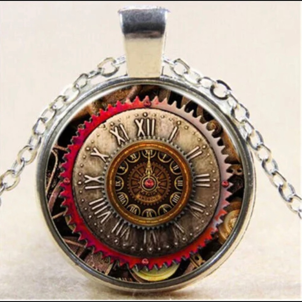 NEW Vintage Like Gear Glass Cabochon Pendant Necklace